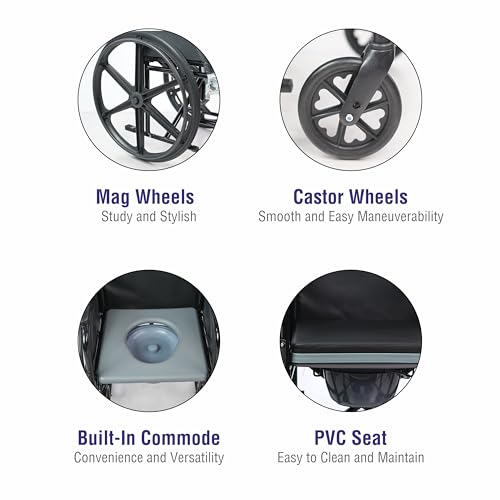 Image of VMS Careline Deluxe Foldable Commode Wheelchair | Built-In Commode | Mag & Castor Wheels | PVC Seat | Easy to Clean | Smooth Maneuverability