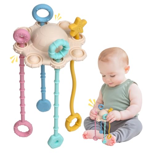 Image of Montessori Pull String Toy Silicone Travel Toy | Food Grade Silicone Early Development Toy, Fine Motor Skills Sensory Toys, Montesorri Gifts (Cream Color)