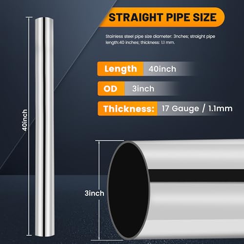 Image of 3 Inch Stainless Steel Exhaust Pipe 40 Inch Long, 3 inch OD x 40 inch Length T304 Straight Exhaust Tubing DIY Extension Pipe, Automotive Universal Fit, 2 Pack