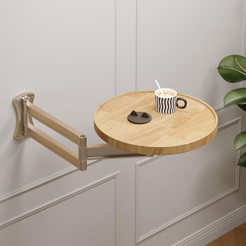 Image of Semjar Wall Mounted Folding Table,Small Solid Wood Drop Down Floating Wall Desk,11.8" Round Wood TableTop with Retractable Aluminum Alloy Brackets,Bedside Wall Shelf Drop Top Desk,Fold Down Nightstand