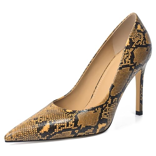 XINIUNIU Snakeskin Pumps for Women Synthetic Printing Brown Snake Print Heels Pointed Toe Kitten...