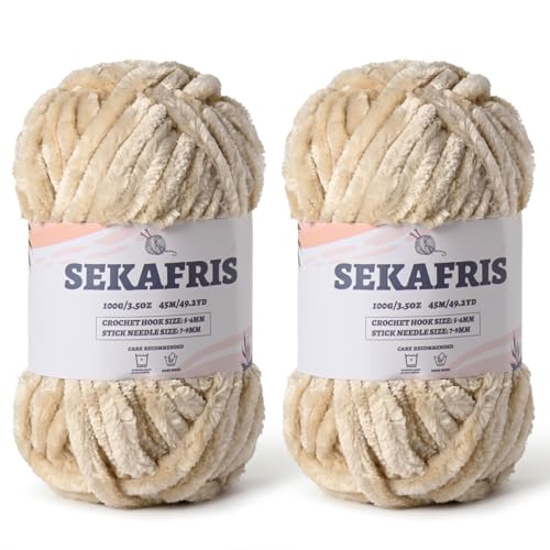 Image of Chenille Velvet Soft Yarn Beige 2 Pack | 200g /98.4yds Fuzzy Chunky Chenille Yarn for Crocheting Plush Yarn for Hand Knitting Amigurumi Fluffy Yarn