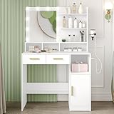 Hzuaneri Vanity Desk with Mirror and 10 LED Lights, Power Strip Makeup Vanity with 3 Shelves, Dressing Table with Drawers & Cabinet, 3 Adjustable Lighting Brightness, White DT34303XCA