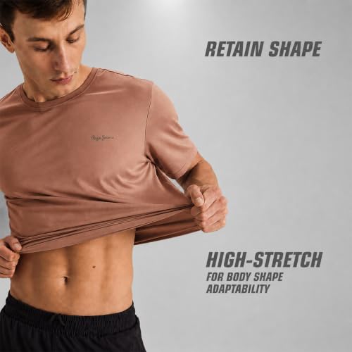Image of Pepe Jeans Men's Solid Polyester Regular Fit T-Shirt | Lightweight Quick-Dry Athleisure Tee for Sports, Gym & Casual Wear | Moisture-Wicking Fabric | Round Neck | Short Sleeves | Active Comfort