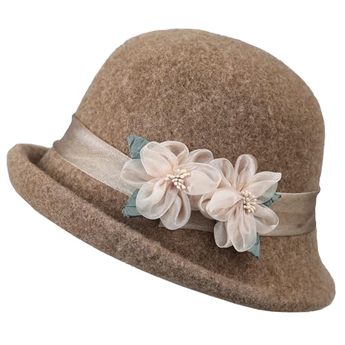 Nawati Elegant Wool Felt Flowers Bucket Hat, Women Vintage Cloche