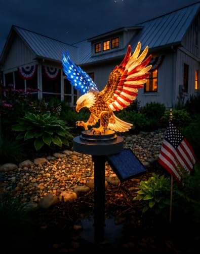 Solar Eagle Garden Stake Light Red White and Blue Metal Patriotic American Bald Eagle