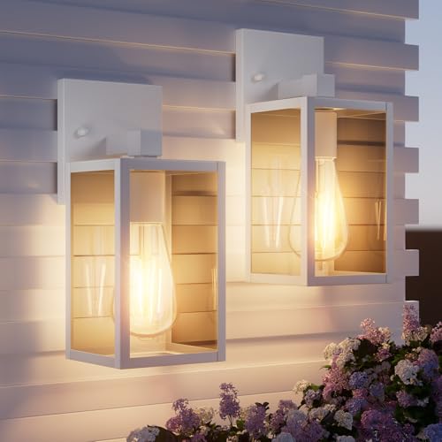 FNYUSLET 2 Pack White Exterior Lighting Fixtures Wall Mount Outside Front Porch Lights for House Outdoor Lantern Lamp Waterproof Wall Sconce Lights Coach Light for Garage Entryway