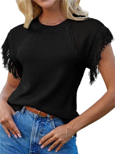 Image of GRACE KARIN Womens Sleeveless Sweater Vest Fringe Cap Sleeve Sweater Casual Crew Neck Loose Fit Pullover Tank Tops S-2XL