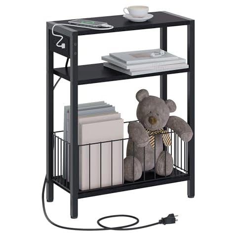 TRIFEBLE Narrow Side Table with Charging Station, Small End Table for Small Spaces, Slim Nightstand with Storage Basket, 3 Tier Skinny Bedside Table for Living Room, Bedroom, Black Cover