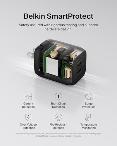 Image of Belkin Dual USB C Charger Block 65W, Super Fast Charging PD 3.0 w /GaN - Samsung Galaxy S26, Apple iPhone 17, Air, Pro, Pro Max, iPad, MacBook, AirPods, Apple Watch, & More - Black