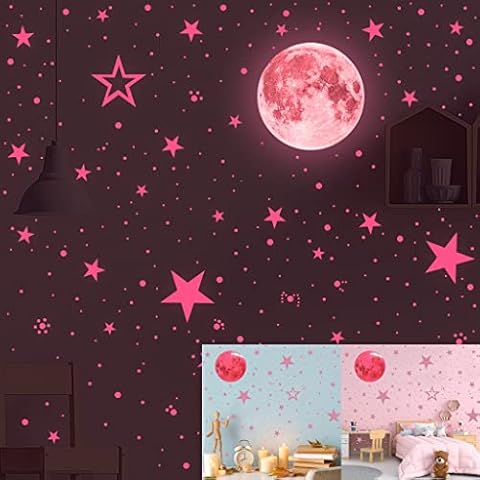 Glow in The Dark Stickers and Moon, Luminous Dots Stars and Moon DIY Wall Stickers for Ceiling Or Walls, Longer Perfect and Glow Brighter for Kids Bedroom Living Room Decoration (Pink) Cover