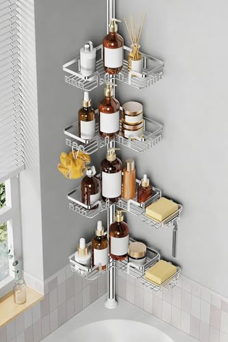 Shower Caddy Corner for Bathroom, Tension Pole, Adjustable 25in-114in Floor to Ceiling, Standing Shower Tension Rod Organizer, 4 Tier Storage Shelves with 2 Soap Holders/Hanging or Adhesive, Silver