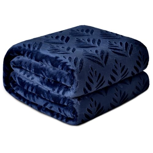 Exclusivo Mezcla Leaves Pattern Blanket Queen Size for Bed, Navy Blue