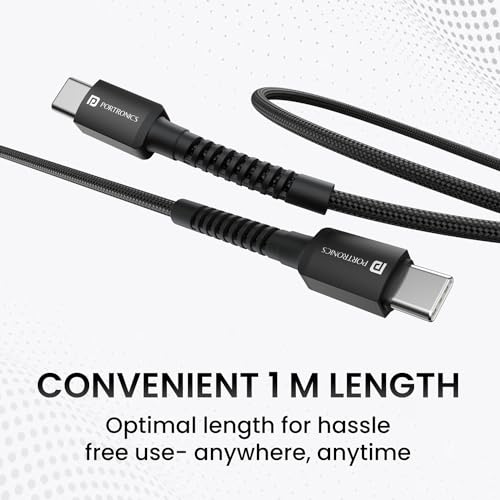 Image of Portronics Konnect X 60W Type C to Type C Unbreakable Nylon Braided Cable, 1M Fast Charging Cable for iPhone 15 series, iPad, Samsung Galaxy & other Type C Devices(Black)