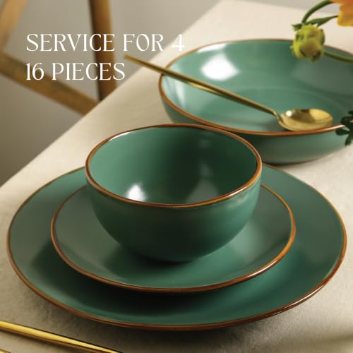 Image of Stone Lain Brasa Modern Stoneware 16 Piece Dinnerware Sets, Plates and Bowls Sets, Dish Set for 4, Green