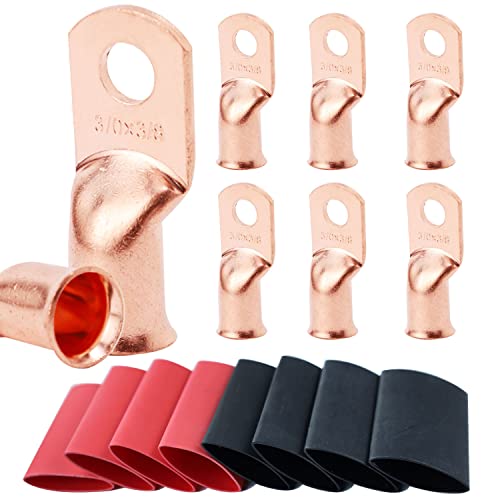 Image of TKDMR 8pcs 3 /0 AWG-3 /8 inch Battery Lugs,Copper Wire Lugs,UL Listed Heavy Duty Battery Cable Ends,Tubular Ring Terminals,AWG Crimp Wire Ring Lugs,Battery Terminal Connectors with 3:1 Heat Shrink Tubing