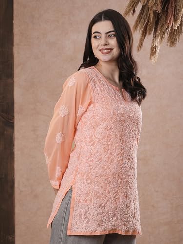 Image of Ada Women's Georgette Regular Fit Chikankari Hand Embroidered Lucknow Short Kurti Top A911224