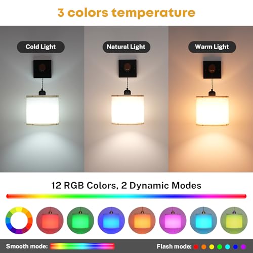 Image of Battery Operated Wall Sconces Set of 2, 8000mAh Rechargeable Sconce RGB 15 Colors Dimmable Wall Sconce Wireless Battery Powered Sconces Decor Wall Lights for Living Room Bedroom Black
