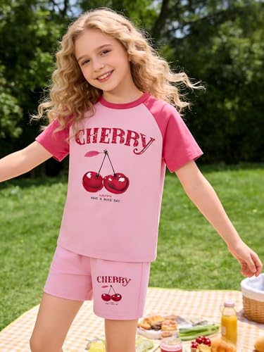 Image of KIDLAGA Girls Two Piece Sets Cherry Pattern Short Sleeve Shirts and Shorts Set With Pockets Girls Summer Outfits Size 7-14