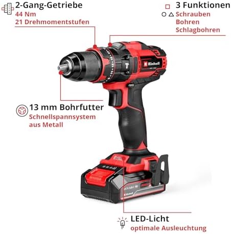 Bild 2 - Einhell Akku-Schlagbohrschrauber TE-CD 18/44 Li-i (1x2,5Ah) Power X-Change (18 V, 44 Nm, Schlagbohrfunktion, 13 mm Metallbohrfutter, 2-Gang, inkl. 2,5 Ah Akku & Ladegerät)