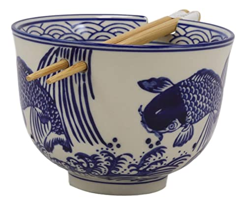 Ebros Ming Style Zen Blue White Koi Fishes By Waterfall Ramen Udong Noodles 5" Diameter Bowl With Built In Chopsticks Rest And Bamboo Chopstick Set For Dining Soup Rice Meal Cereal Bowls Decor Kitchen #TOP2