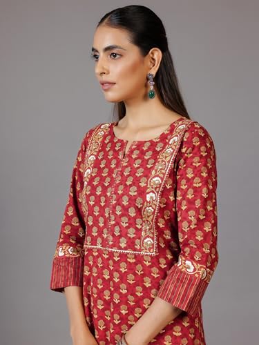 Image of Libas Printed Cotton Straight Kurta With Palazzo and Dupatta