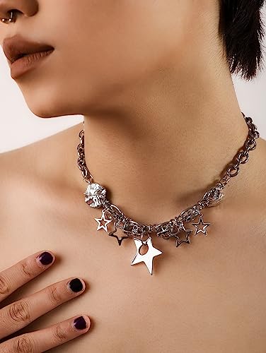 OJERRY Silver Star Pendant Chunky Choker Necklace, Star Punk Y2K Rave Outfit Jewelry Accessories Necklaces for Women4