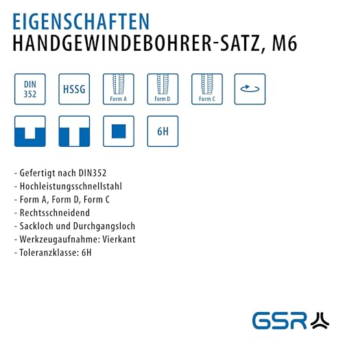 GSR PROFI Gewindebohrer M6 Satz HSSG 3 teilig, Geschliffen, Vorschneider, Mittelschneider & Fertigschneider, Gewindeschneider M6, metrische Feingewinde