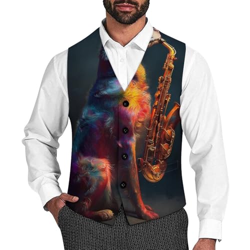 Lablador Retriever Sax Men's Suit Vest Slim Fit Business Dress Party Pattern Waistcoat Vest Top
