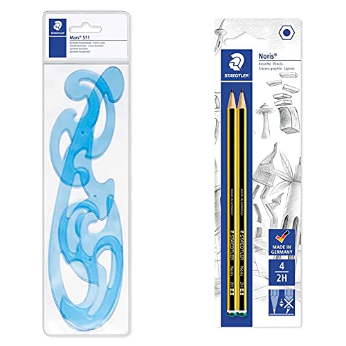 Staedtler 571 40 Wp St Curvilinee Burmester, Tre Forme In Plastica Per Disegnare Curve Di Raggio Variabile, 571 40 Wp & Bk2D Matite 2H, 2 Pezzi