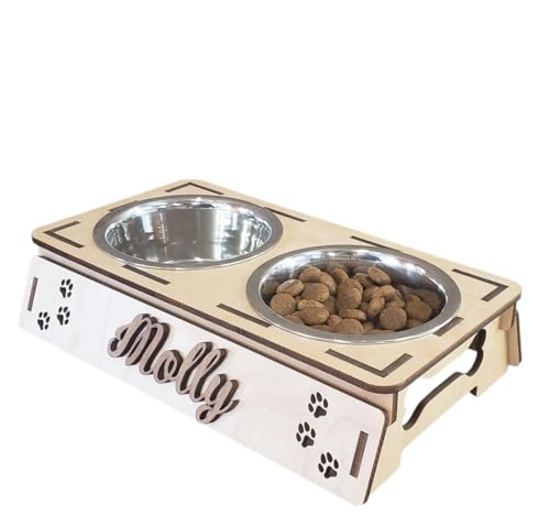 Porta Ciotole per Cani e Gatti in Legno Personalizzabile con Nome, Supporto Rialzato per Due Ciotole, Design con Ossa e Zampe, 27x20x10 cm, Diametro Ciotole 13 cm