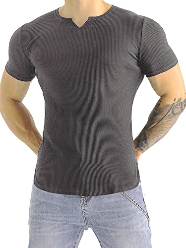 Image of Muhshoiy Men's Slim Fit Muscle Shirt V Neck Sport Short Sleeve T-Shirt Underwear Casual Tee Stretch Solid Athletic Shirts/Grey/S
