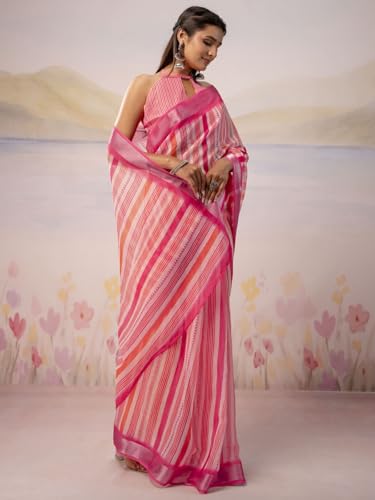 Image of Satrani Women's Linen Printed Ready To Wear Saree with Unstitched Blouse Piece
