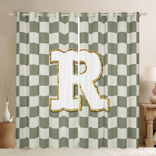 Image of Erosebridal Sage Green Checkered Window Drapes Plaid Initial R Blackout Curtains 42 inch Wx84 L Personalized Monogram Curtains for Bedroom Living Room,Grids Gingham Window Treatments 2 Panels