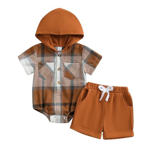 Image of Douhoow Baby Boy Summer Outfits Plaid Short Sleeve Baby Hooded Romper Baby Shorts 2 Pcs Toddler Boys Clothes