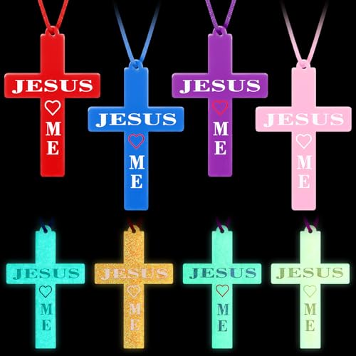 Tondiamo 30 Set Glow in The Dark Jesus Loves Me Necklaces Bulk Easter Silicone Cross Necklace Religious Christian Party Favor Gift Jesus Birthday Party Decoration for VBS Church Colorful Items