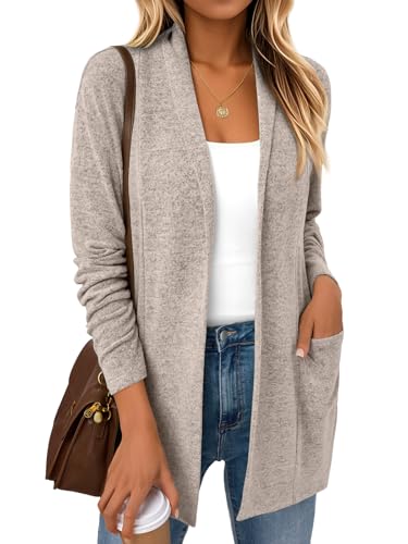 LILLUSORY Cardigan Sweaters for Women Lightweight Open Front Cardigans Casual Loose 2025 Fall Sweater with Pockets CoffeeGrey L
