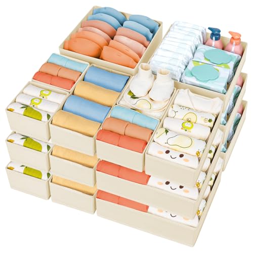Image of DIMJ Drawer Organizer Clothes 18 Pack - Foldable Baby Organizers and Storage & Dresser Organizer for Bedroom, Closet - Nursery Organization Dresser Dividers for underwear, Sock,Bra, Belt, Tie, Beige
