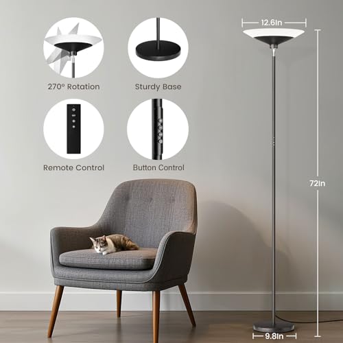 Image of SIBRILLE RGB Torchiere Floor Lamp - 30W Dimmable LED Standing Lamp with Remote, Multi Color Changing, 72in Tall Corner Light, Bright Standing Pole Light for Office Living Room Bedroom Basement, Black