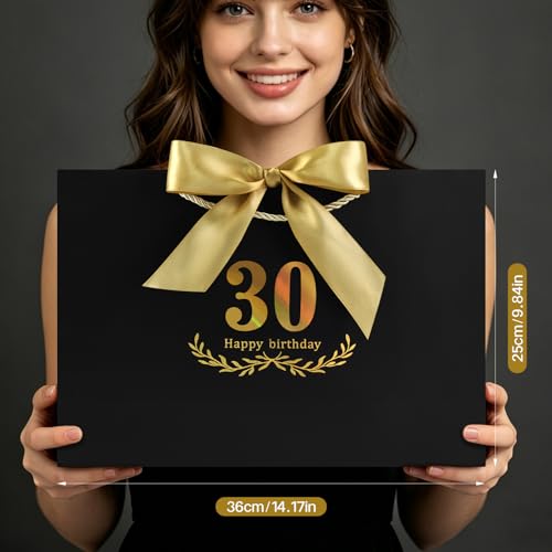 Image of JMANNI Black Gold 30th Birthday Gift Bag with Card and Tissue Paper, 14.2 inchx9.84 inchx4.3 inch Large Present Bag for Adults, 30 Year Old Birthday Keepsake Party Supplies