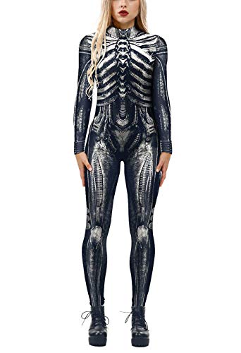 Women Halloween Costume Day of the Dead Suit Skeleton Bodysuit Jumpsuit Dark Grey L