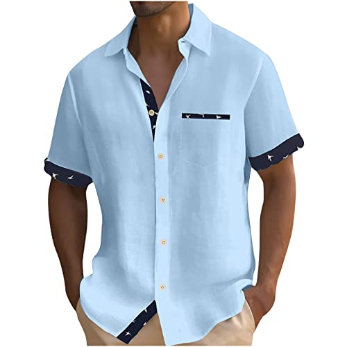 UHouse Chemise Homme en Cotton Lin Vetement Manches Courtes D'Été Chemises Leger Décontracté Chemisette Respirant Habit Col Mao Court Fin Cut Bleu Ciel L