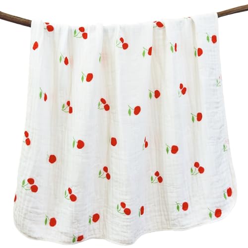 Image of Ultra Soft 6-Layer 100% Cotton Muslin Baby Blanket 43 inchx43 inch Breathable Lightweight Swaddle Blankets for Boys and Girls Infant Toddlers Babies Newborn Birthday Gifts Cherry
