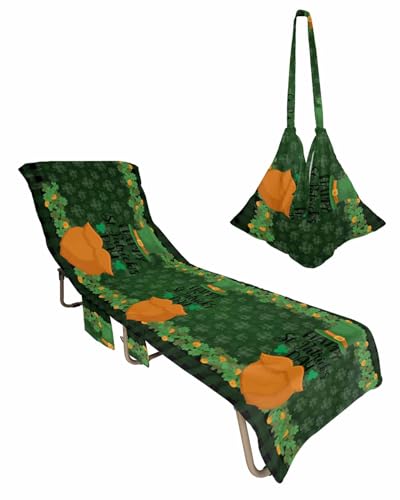 St. Patrick's Day Beach Chair Towel Covers for Chaise Lounge with Side Pocket, Soft Plush Pool Towels Cover for Patio Sunbathing Outdoor 29''x85'' Gold Spring Green Buffalo Plaid Holiday