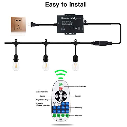 Outdoor Dimmer Switch Plug-in Dimmer Switch for String Lights, Max 800W Bulbs Dimmer Switch with 10 Ft Extension Cord 3 Prong 100 Ft Wireless Remote Control, Timer Function - Thumbnail 3