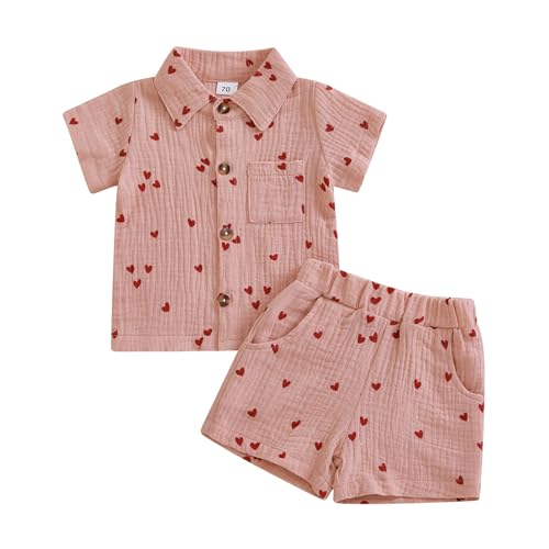KtwHarnu Toddler Baby Boy Valentines Outfit Heart Print Cotton Linen Button Down Short Sleeve Shirt and Shorts Set (Pink, 0-6 Months)