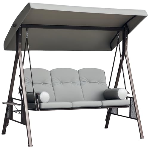 Outsunny Balancelle de Jardin 3 Places Grand Confort Toit Inclinaison réglable Coussins Plateaux rétractables Polyester filé Gris Clair