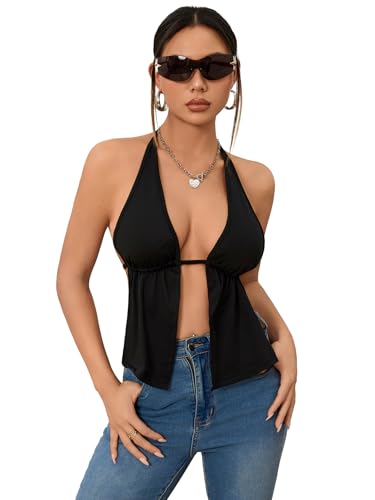 SOLY HUX Women's Open Back Tops Split Front Halter Tie Backless Sleeveless Sexy Top