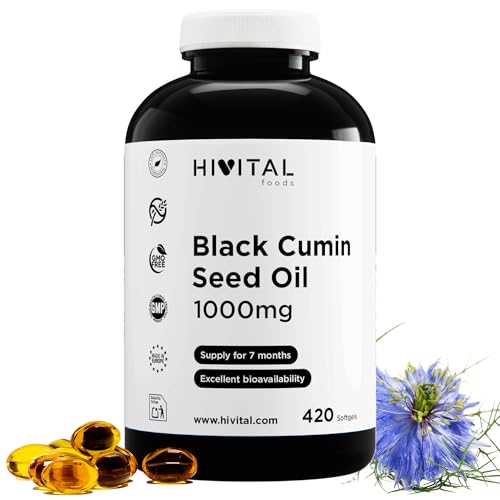 Aceite de Comino Negro 1000 mg. 420 cápsulas blandas para 7 meses. Aceite Natural Prensado en Frío de Nigella Sativa Egipcio con 55% de Ácido Linoleico. Black Seed Oil. Fabricado en España por HIVITAL