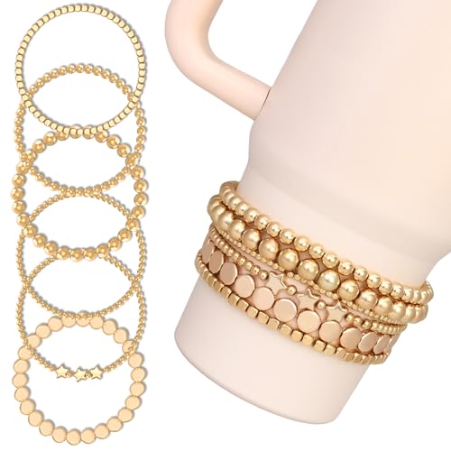 Bracelets for Stanley Cup Accessories, 6Pcs Bracelet Stack Charms for Stanley 40 oz&30 oz Tumbler with Handle, Delicate Beads Charm Attachments for Stanley Decorations（Gold）